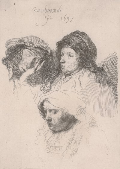 Three Heads of Women, One Asleep by Rembrandt van Rijn