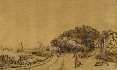 View on the Amstel: the road on the Amsteldijk leading to Trompenburg, c.1649-50 by Rembrandt Harmensz. van Rijn