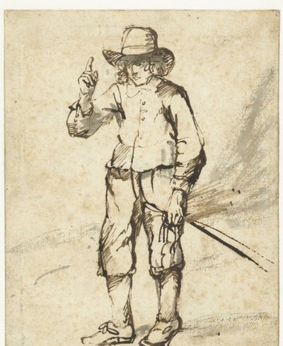 Standing Boy Holding a Whip and Raising his Right Hand by Rembrandt van Rijn (school of)