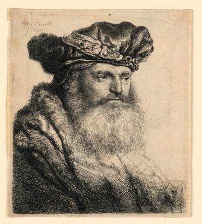 A Bearded Man Wearing a Velvet Cap with a Jewel Clasp by Rembrandt van Rijn