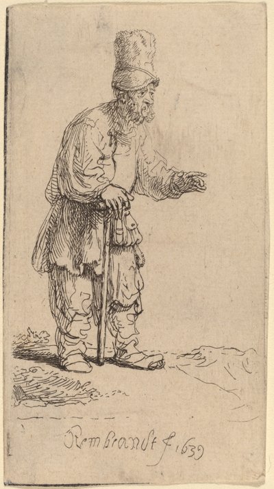 A Peasant in a High Cap, Standing Leaning on a Stick by Rembrandt van Rijn