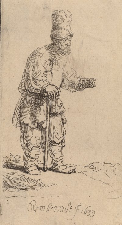 A Peasant in a High Cap, Standing Leaning on a Stick, 1639 by Rembrandt van Rijn