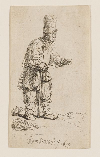 A Peasant in a High Cap, Standing and Leaning on a Stick by Rembrandt van Rijn