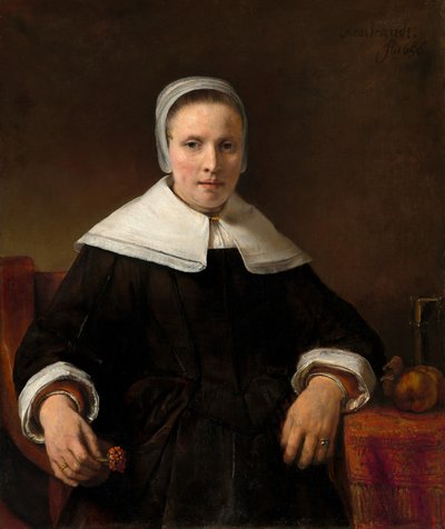A Woman Holding a Pink, 1656 by Rembrandt van Rijn