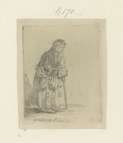 Beggar Woman Leaning on a Stick, to the Right Recueil de quatre-vingt-cinq estampes originales (series title) by Rembrandt van Rijn