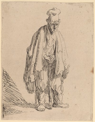 Beggar in a High Cap, Standing and Leaning on a Stick by Rembrandt van Rijn
