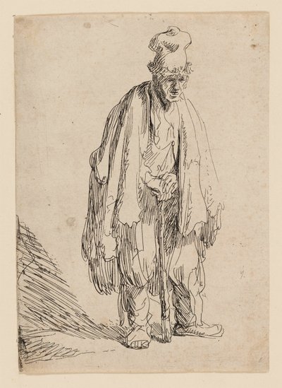 Beggar in a High Cap, Standing and Leaning on a Stick by Rembrandt van Rijn