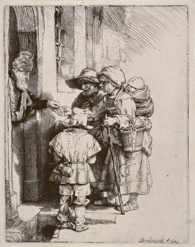 Beggars receiving alms at the door of a house, 1648 by Rembrandt van Rijn