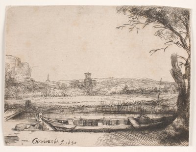 Canal with a Large Boat and Bridge by Rembrandt van Rijn