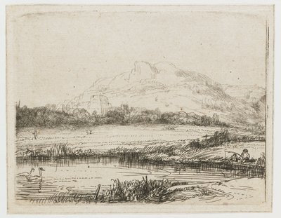 Canal with an Angler and Two Swans by Rembrandt van Rijn