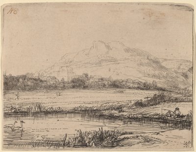Canal with an Angler and Two Swans by Rembrandt van Rijn
