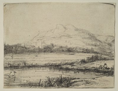Canal with an Angler and Two Swans by Rembrandt van Rijn