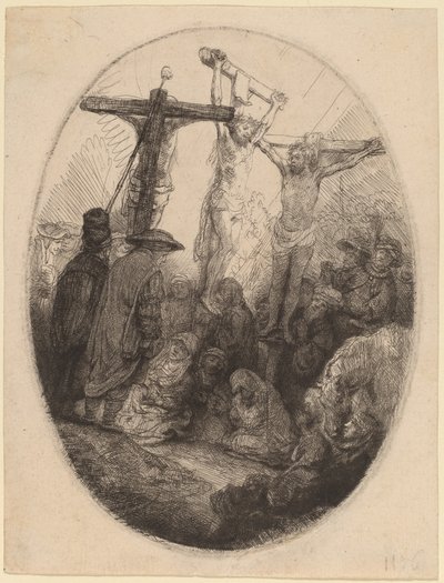 Christ Crucified between the Two Thieves: an Oval Plate by Rembrandt van Rijn