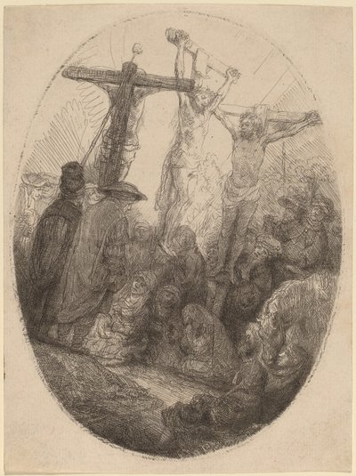 Christ Crucified between the Two Thieves: an Oval Plate by Rembrandt van Rijn