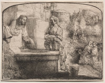 Christ and the Woman of Samaria: An Arched Print by Rembrandt van Rijn