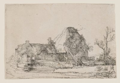 Cottage and Farm Buildings with a Man Sketching by Rembrandt van Rijn