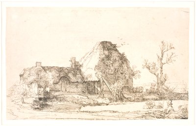 Cottage and Farm Buildings with a Man Sketching by Rembrandt van Rijn