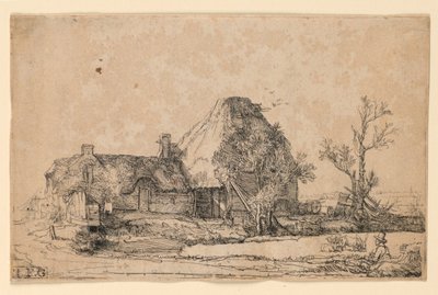 Cottages and Farm Building with a Man Sketching by Rembrandt van Rijn