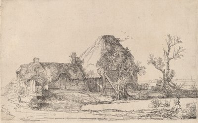 Cottages and Farm Buildings with a Man Sketching by Rembrandt van Rijn