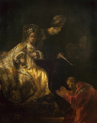 Haman Begging the Mercy of Esther, 1660s by Rembrandt van Rijn
