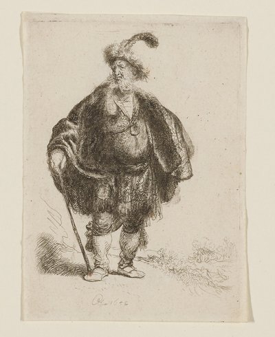 Man Standing in Oriental Costume and Plumed Fur Cap by Rembrandt van Rijn