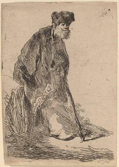 Man in a Coat and Fur Cap Leaning against a Bank by Rembrandt van Rijn