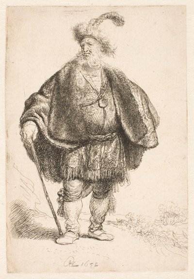 Man Standing in Oriental Costume and Plumed Fur Cap by Rembrandt van Rijn