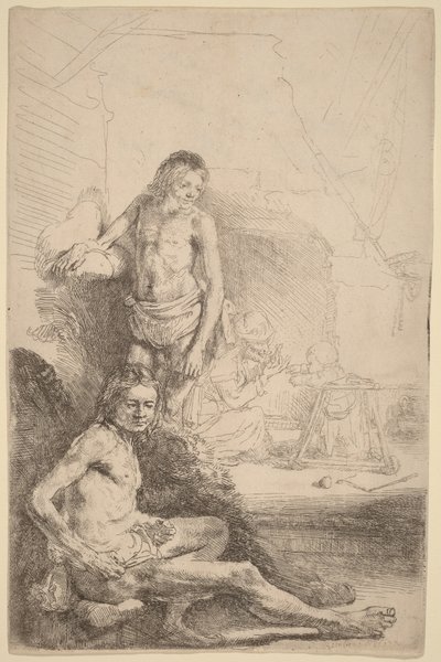 Nude Man Seated and Nude Man Standing, with a Woman and Baby in the Background by Rembrandt van Rijn