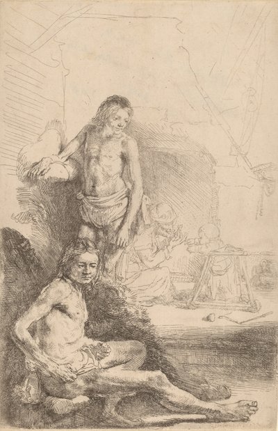 Nude Man Seated and Nude Man Standing, with a Woman and Baby in the Background, c. 1646 by Rembrandt van Rijn