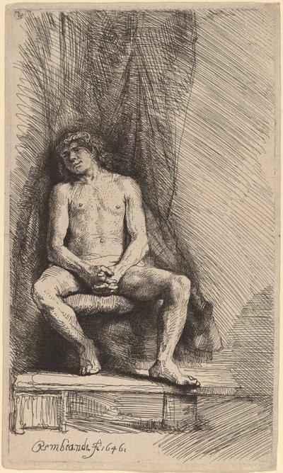 Nude Man Seated before a Curtain by Rembrandt van Rijn