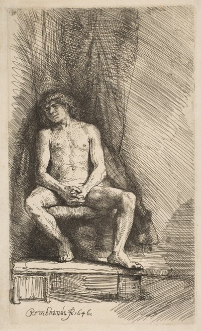 Nude Man Seated before a Curtain by Rembrandt van Rijn