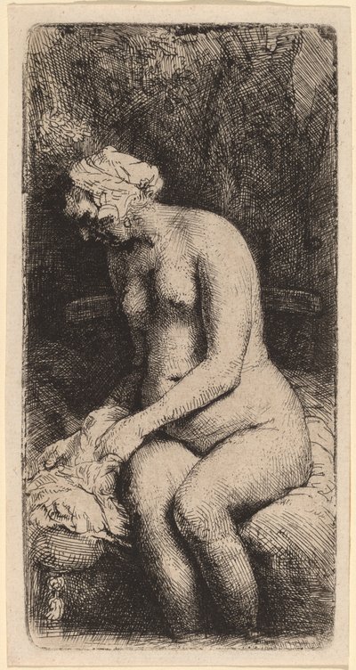 Nude Seated on a Bench with a Pillow by Rembrandt van Rijn