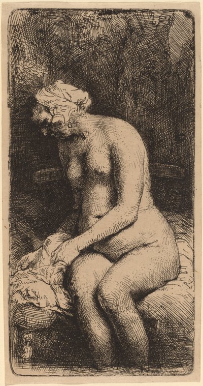 Nude Seated on a Bench with a Pillow by Rembrandt van Rijn