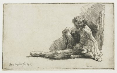 Nude Man Seated on the Ground with One Leg Extended by Rembrandt van Rijn