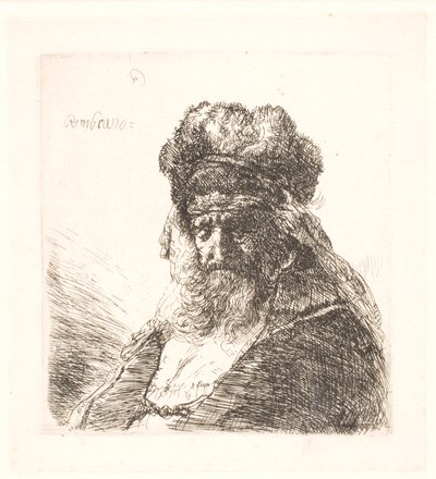 Old Bearded Man in a High Fur Cap, with Closed Eyes by Rembrandt van Rijn
