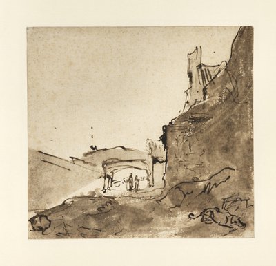 Outskirts of a town with walls and a doorway by Rembrandt van Rijn