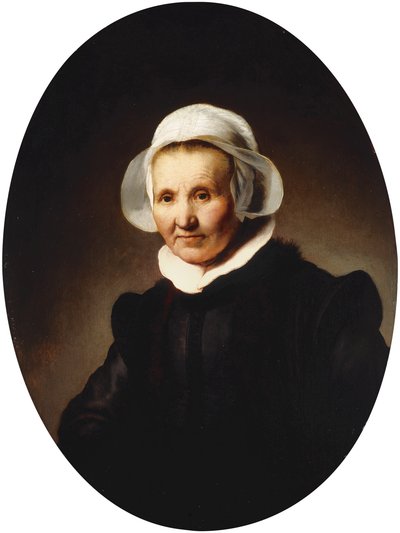 Portrait of a Lady, aged 62, perhaps Aeltje Pietersdr. Uylenburgh, wife of Johannes Cornelisz. Sylvius, half length in black costume by Rembrandt van Rijn
