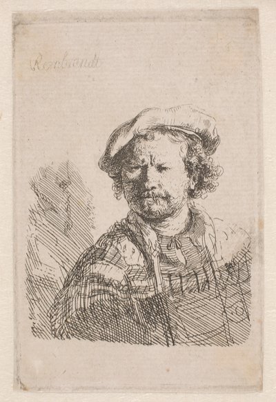 Rembrandt in a Flat Cap with a Shawl About His Shoulders by Rembrandt van Rijn