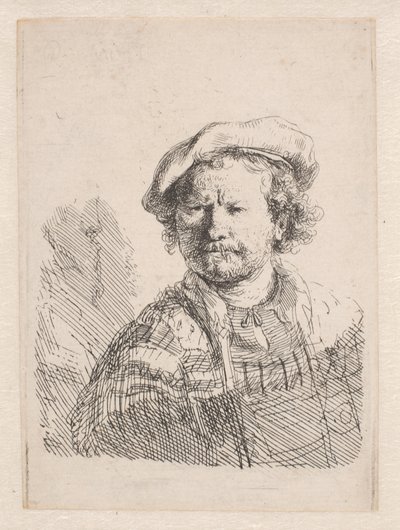 Rembrandt in a flat cap with a shawl about his shoulders by Rembrandt van Rijn