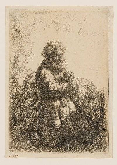 Saint Jerome Kneeling in Prayer, Looking Down by Rembrandt van Rijn