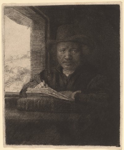 Self-Portrait Drawing at a Window by Rembrandt van Rijn