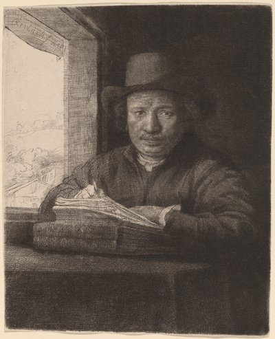 Self-Portrait Drawing at a Window by Rembrandt van Rijn