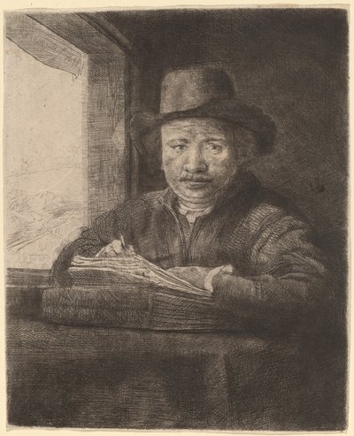 Self-Portrait Drawing at a Window by Rembrandt van Rijn