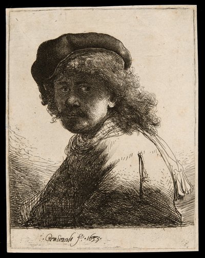 Self-Portrait in a Cap and Scarf with the Face Dark: Bust by Rembrandt van Rijn