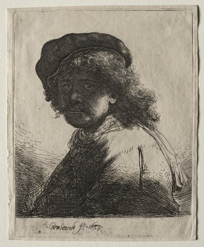 Self-Portrait in a Cap and Scarf with the Face Dark: Bust by Rembrandt van Rijn