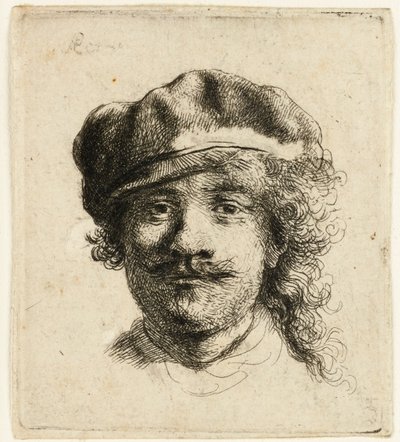 Self-portrait wearing a soft cap: full face, head only by Rembrandt van Rijn