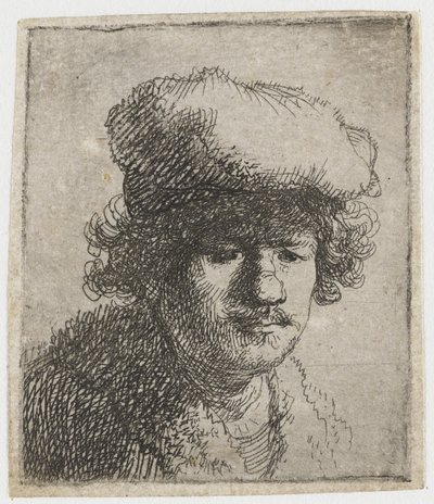 Self-portrait with cap pulled forward by Rembrandt van Rijn