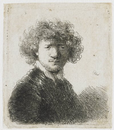 Self-portrait with curly hair and white collar: bust by Rembrandt van Rijn