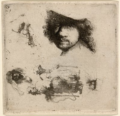 Sheet of Studies: Head of the Artist, a Beggar Couple, Heads of an Old Man and Old Woman, etc. by Rembrandt van Rijn