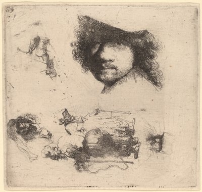 Sheet of Studies including Head of the Artist, a Beggar Couple, Heads of an Old Man and Old Woman by Rembrandt van Rijn